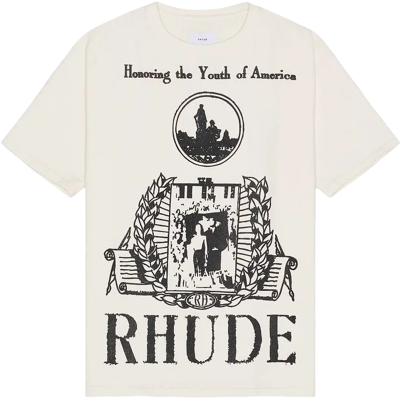 Rhude Youth of America Tee with black graphic print and crest on front cream cotton shirt
