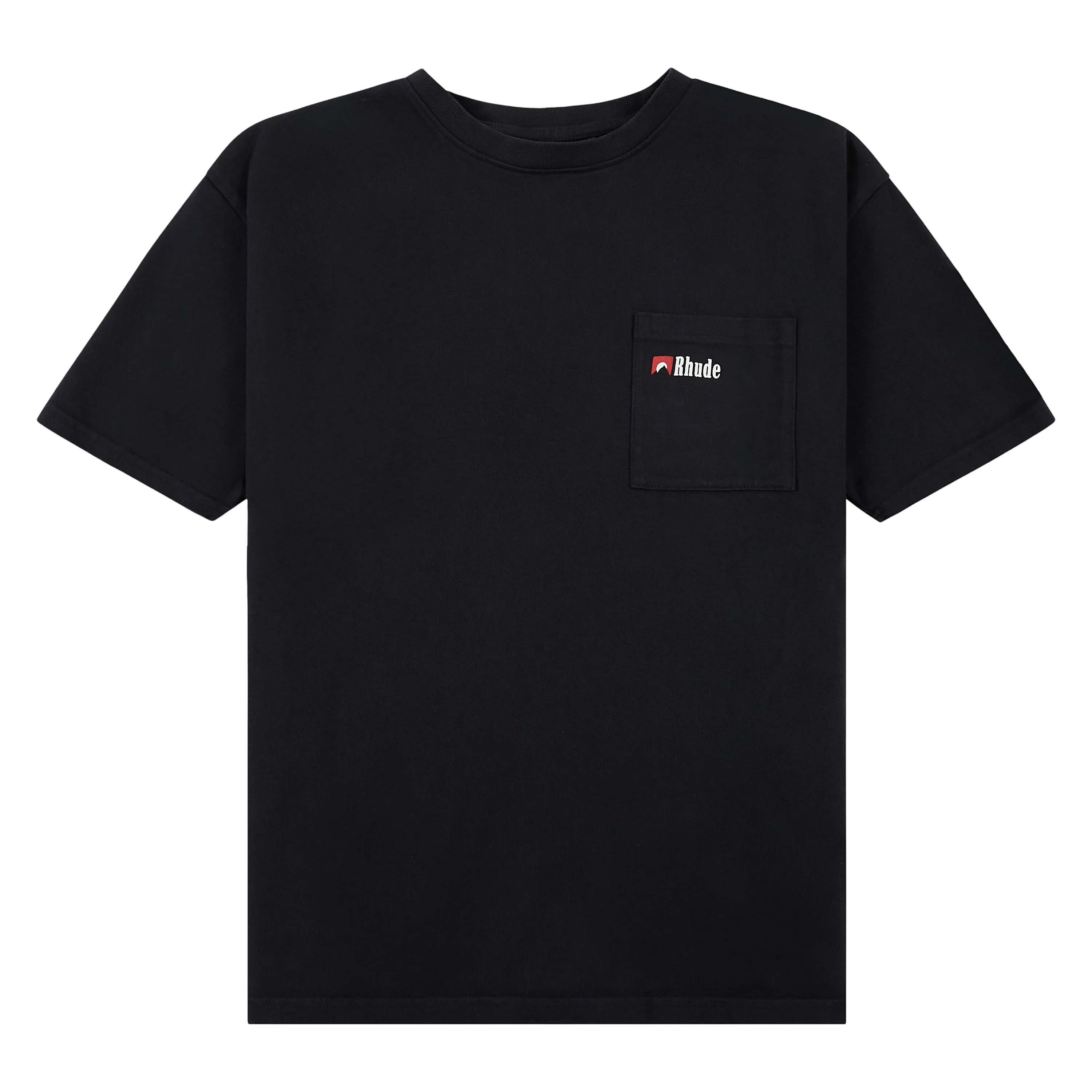 Front view of Rhude Moonlight Wolf Pocket Tee black cotton t-shirt with pocket and Rhude logo print