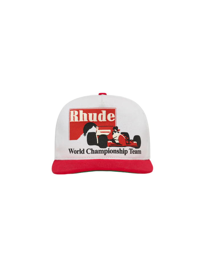 Front view of Rhude Trophy Racing Hat white and red cap with race car graphic and 'World Championship Team' logo