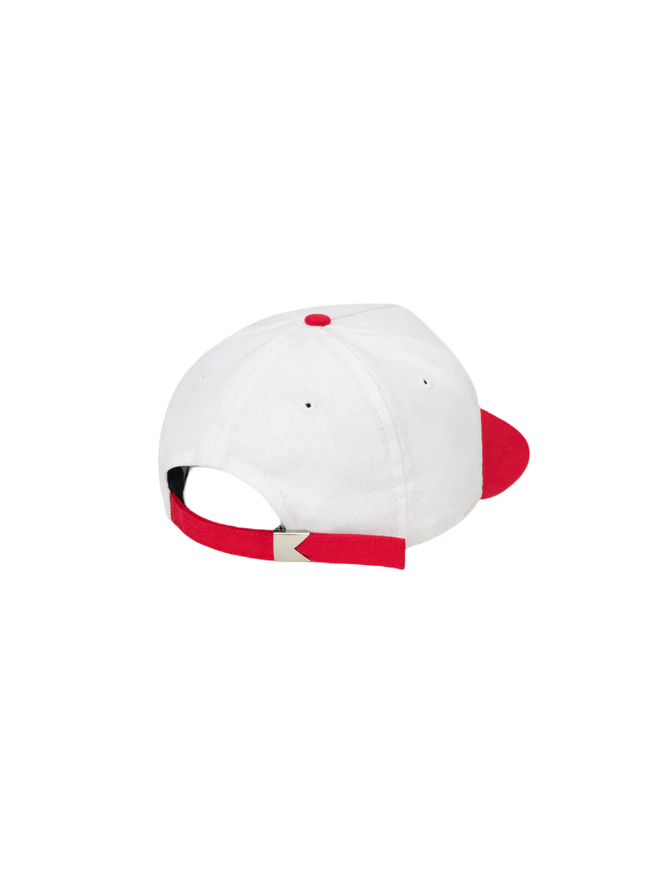 Back view of Rhude Trophy Racing Hat showing adjustable red strap and white crown with red accents