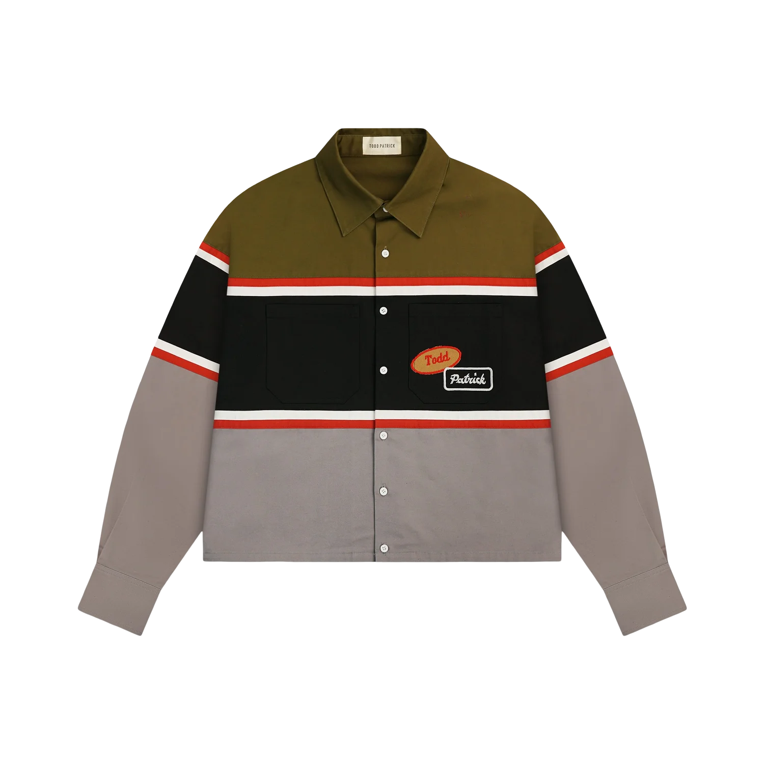 Todd Patrick Michigan Mechanic Top color-blocked button-up shirt with green, black and grey panels and red stripes