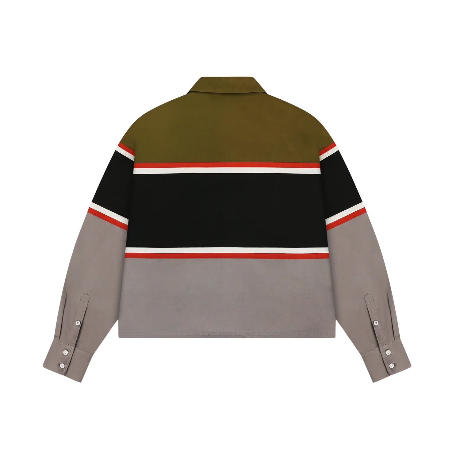 Back view of Todd Patrick Michigan Mechanic Top with green, black, gray and red stripes, color-blocked long-sleeve shirt