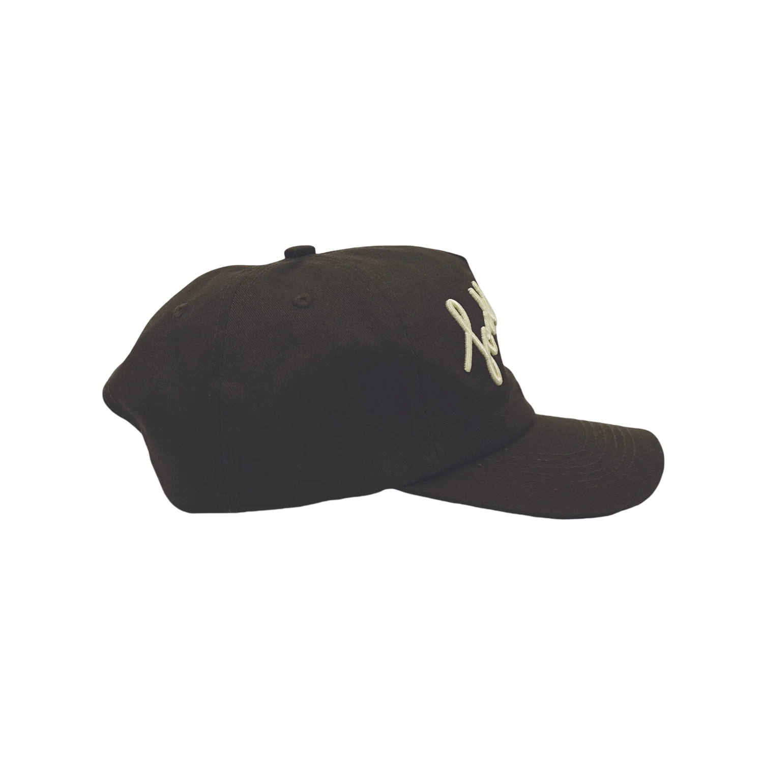 Side view of Todd Patrick 5 Panel Brown Hat showing Todd Patrick logo on side