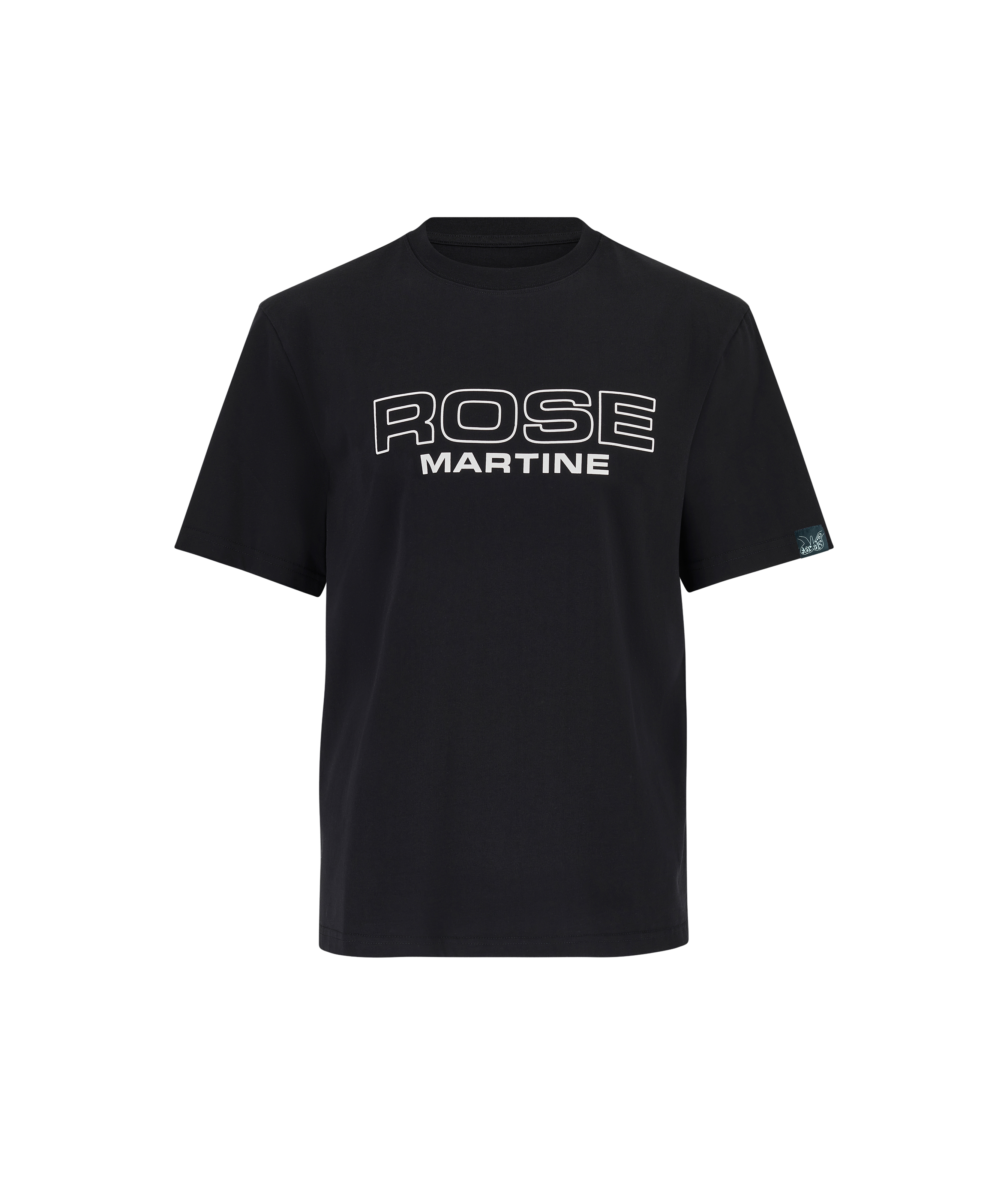 Front view of Martine Rose Rose Martine T-shirt in black cotton jersey with white 'ROSE MARTINE' logo print on chest