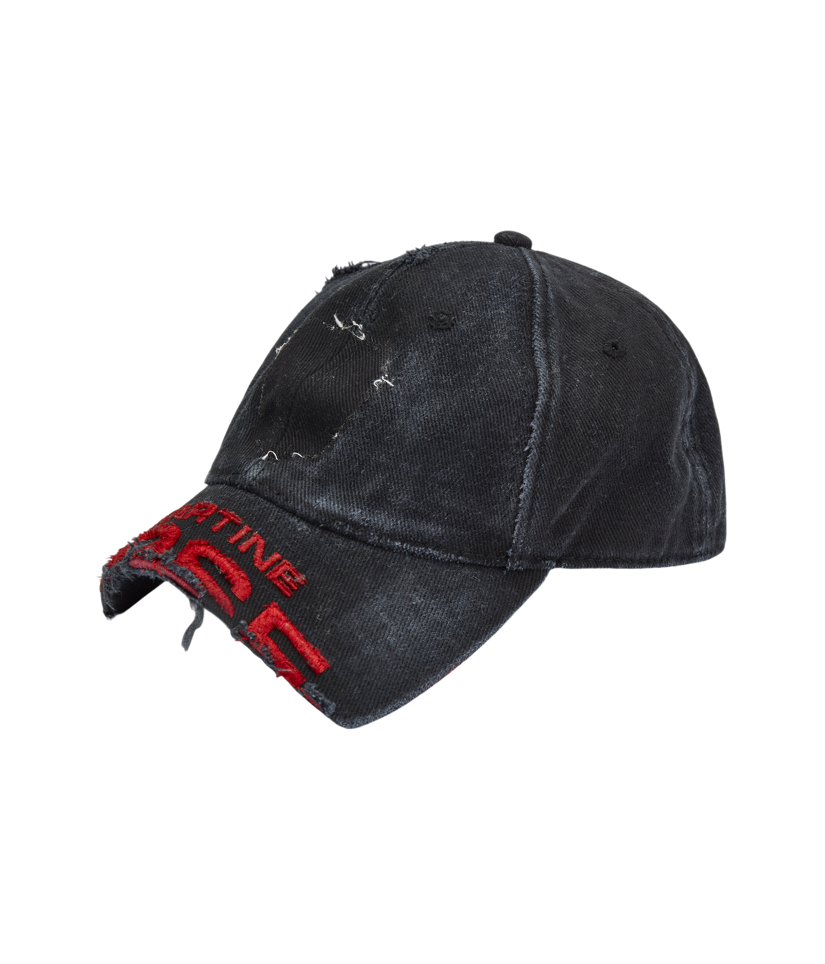 Front view of Martine Rose Cut Peak Cap black distressed denim hat with red logo embroidery on front, curved brim and adjustable velcro strap
