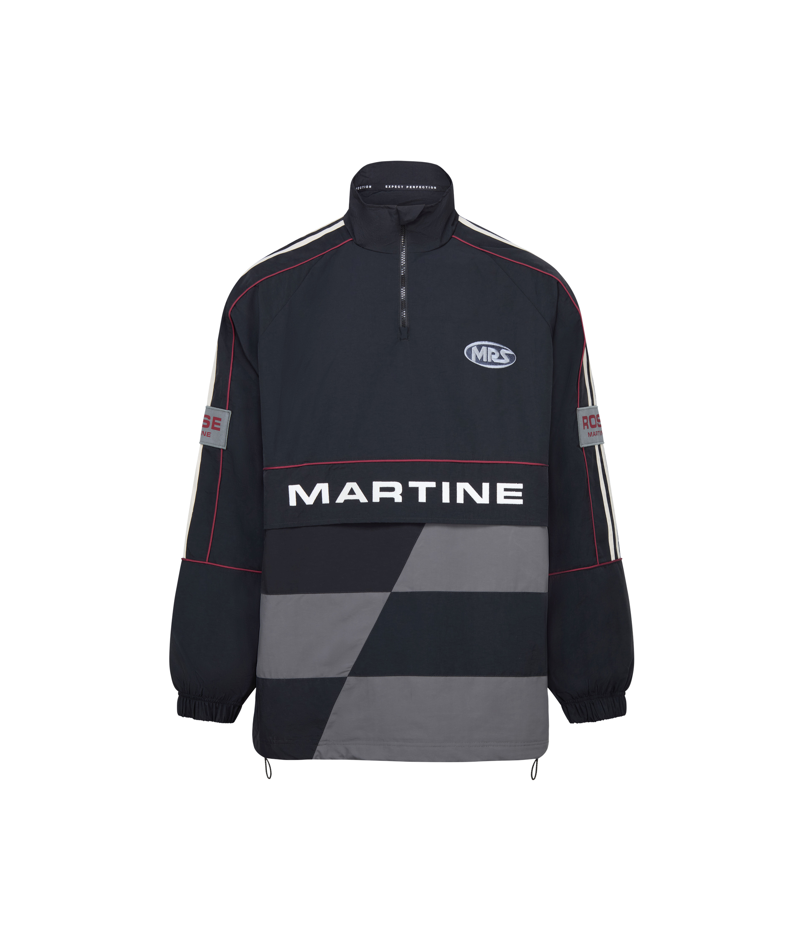 Front view of Martine Rose Hockey Pullover in black and gray with Martine logo, sponsor prints and quarter zip collar