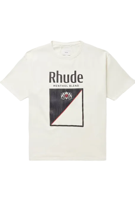 Front view of Rhude Collins Fumar Tee cream cotton t-shirt with printed tobacco-inspired graphic