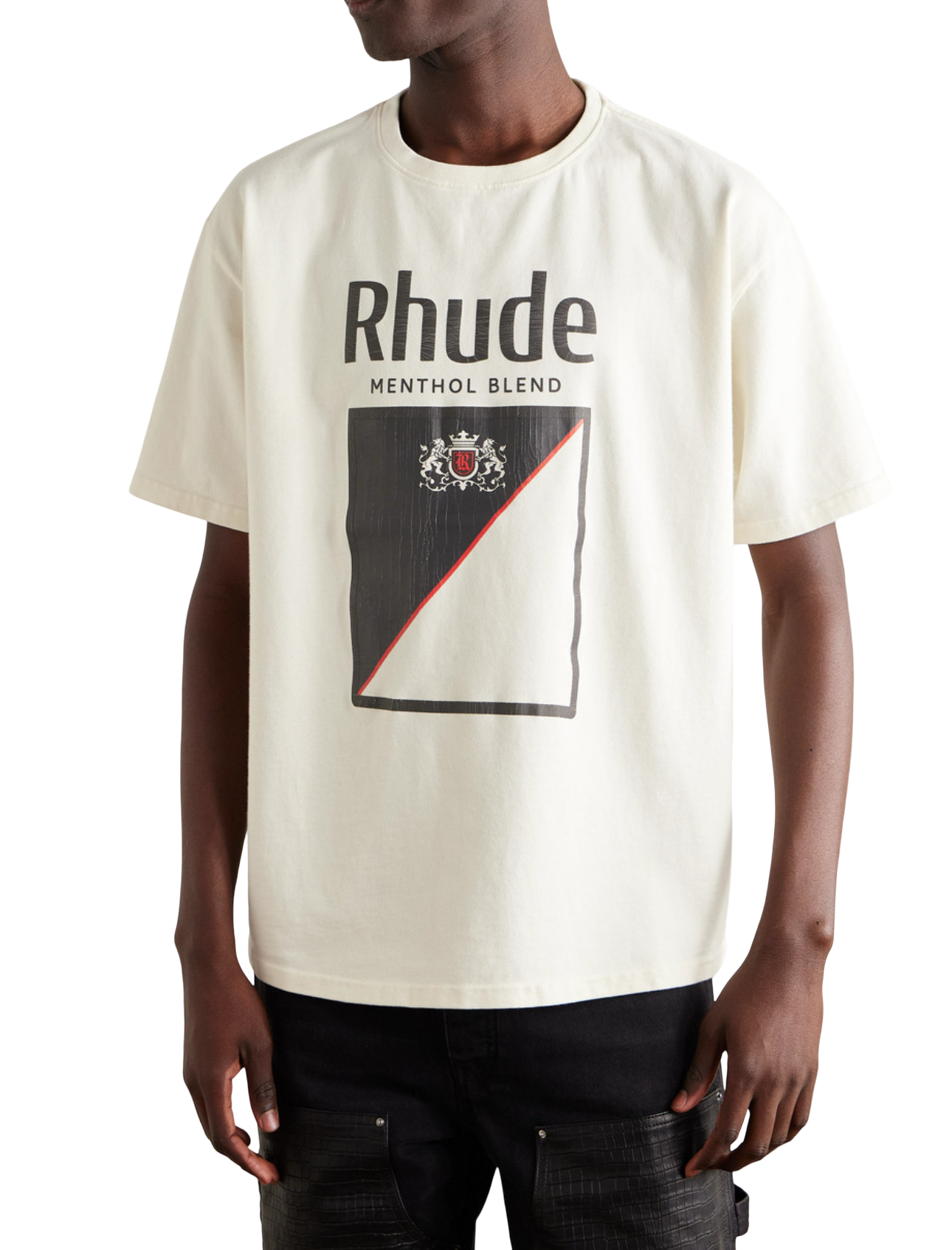 Model wearing Rhude Collins Fumar Tee cream cotton t-shirt with printed tobacco-inspired graphic on front
