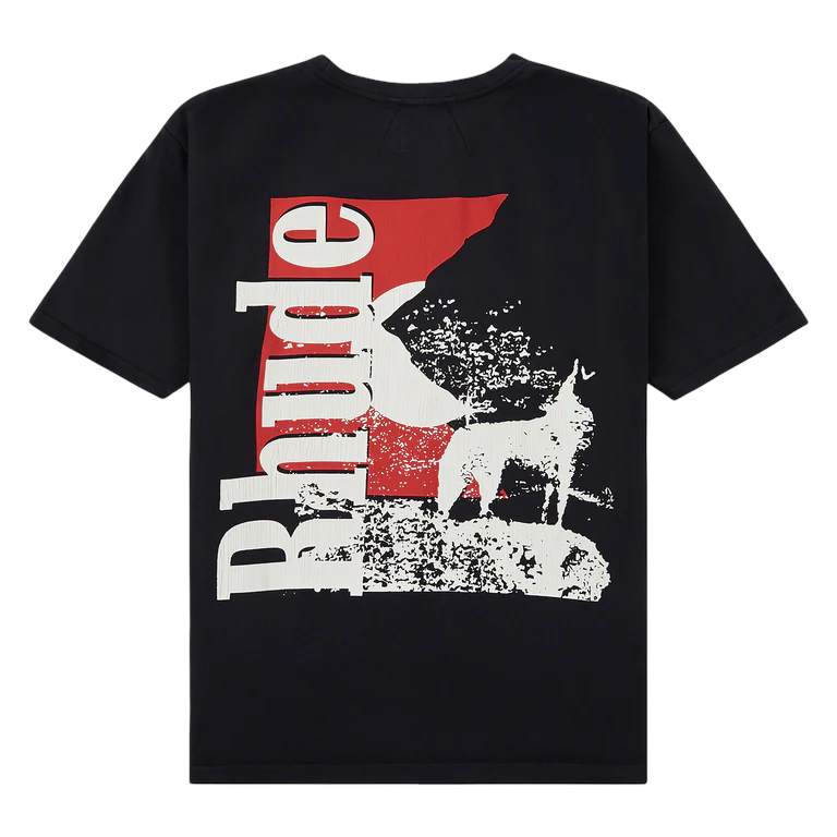 Back view of Rhude Moonlight Wolf Pocket Tee with large moonlight wolf graphic print and red Rhude text on black cotton t-shirt