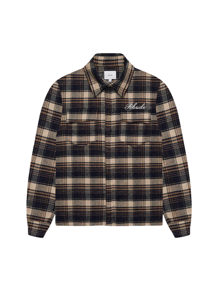 Rhude Script Logo Flannel plaid wool shirt with embroidered Rhude logo on chest