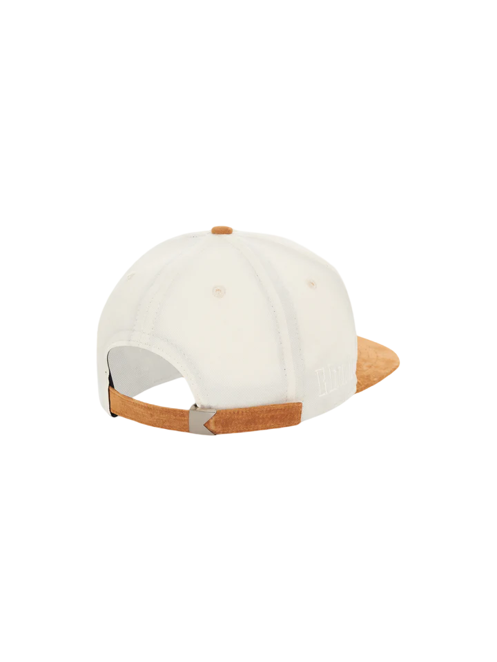 Back view of Rhude Flag Hat with white crown, adjustable tan suede strap and brim