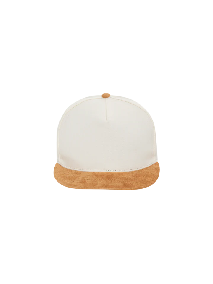 Front view of Rhude Flag Hat with white crown and tan suede brim and button